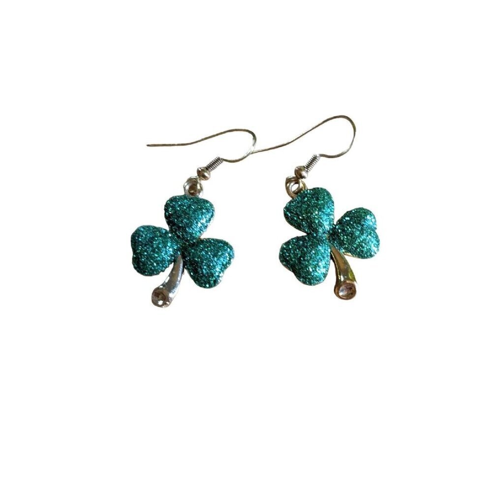 *Green Glitter Clover Earrings St. Patricks Pattys Day Dangle Small St Patty Day